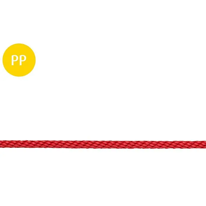 Stabilit Cuerda por metros - Diámetro: 6 mm, Plástico, Rojo, Carga soportada: 40 kg - Primer plano de un cordón de polipropileno rojo, ideal para manualidades y actividades al aire libre. El cordón PP es duradero y versátil.