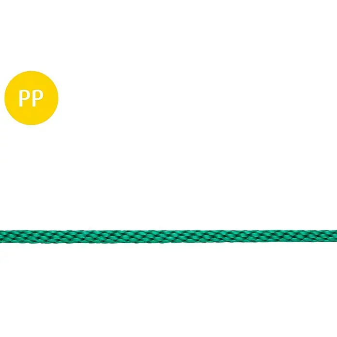 Stabilit Cuerda por metros - Diámetro: 6 mm, Plástico, Verde, Carga soportada: 40 kg - Primer plano de una cuerda de polipropileno verde, que destaca por su textura trenzada y su durabilidad. Material PP para aplicaciones versátiles.