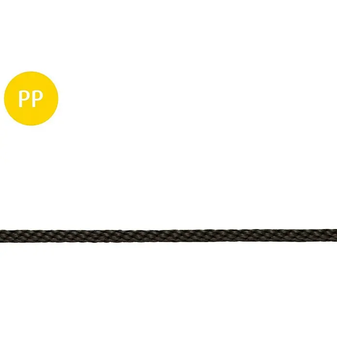 Stabilit Cuerda por metros - Diámetro: 6 mm, Plástico, Negro, Carga soportada: 40 kg - Vista detallada de un cordón de PP trenzado resistente en color oscuro, ideal para diversas aplicaciones y proyectos.
