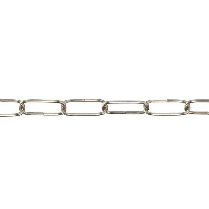 Stabilit Ringkette Meterware - Durchmesser: 3 mm, Silber - Nahaufnahme einer silberfarbenen Kette mit länglichen Gliedern auf schwarzem Hintergrund, die Robustheit und Stil vereint.