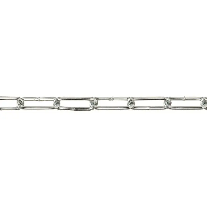 Stabilit Rundstahlkette Meterware - 3 mm, Stahl, Galvanisch verzinkt, C-Form - Detailaufnahme einer glänzenden, silberfarbenen Kette vor einem schwarzen Hintergrund. Ein robustes und stilvolles Accessoire.