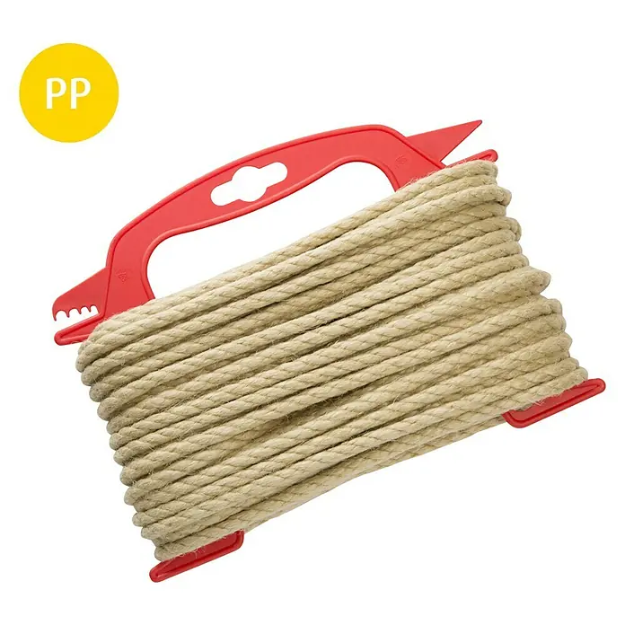 Stabilit PP-Seil - Ø x L: 6 mm x 20 m, 3-schäftig gedreht - Aufgewickelte Juteschnur mit rotem Kunststoffgriff und gelbem PP-Etikett. Ideal für Heimwerker- und Gartenprojekte.