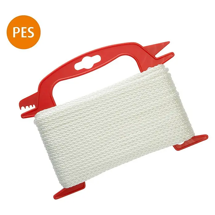 Stabilit Polyester-Seil - 4 mm x 20 m, 8-fach geflochten - Ein rotes Kunststoffseil mit weißem Seil zum einfachen Aufbewahren und Abwickeln. Ideal für Drachen oder andere Anwendungen, die Seil benötigen.