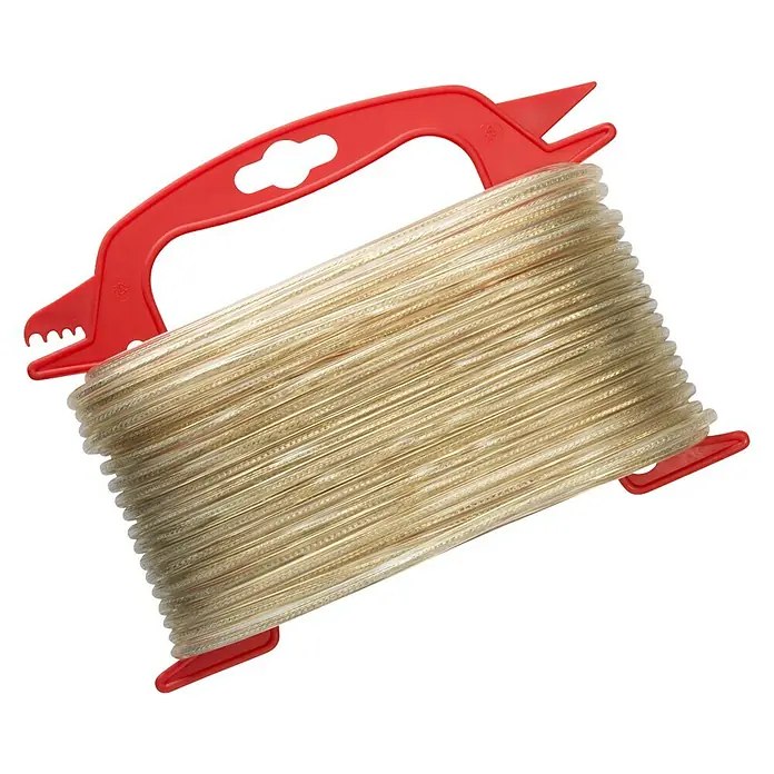 Stabilit Wäscheleine - Ø x L: 5 mm x 2.000 cm - Aufwickler mit transparenter Kordel, aufgewickelt auf eine rote Kunststoffspule. Ideal für Drachensteigen oder Bastelprojekte im Freien.