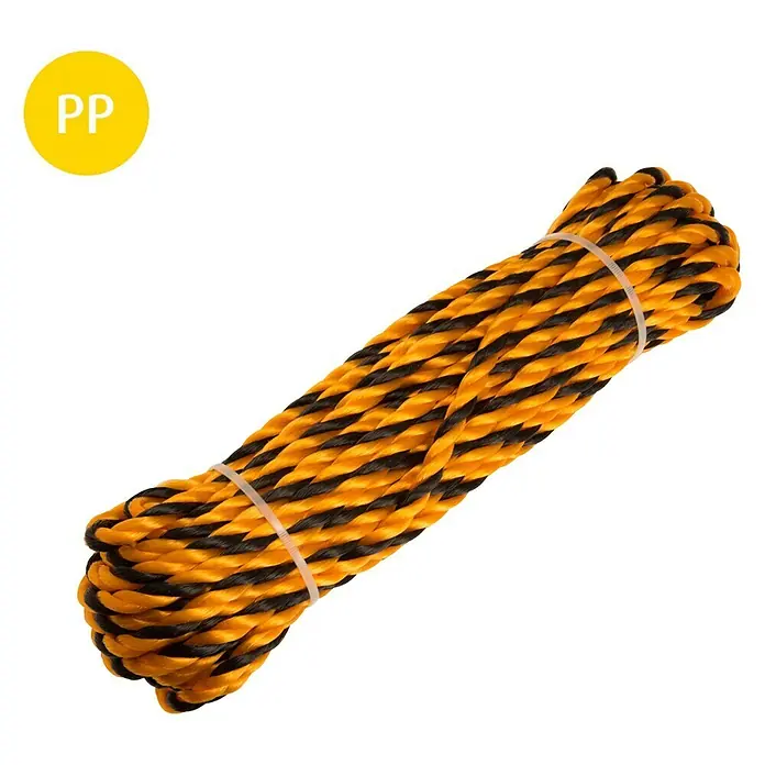 Stabilit PP-Seil - Ø x L: 10 mm x 25 m, 3-schäftig gedreht, Schwarz/Gelb - Gelb-schwarzes PP-Seil, zusammengerollt und mit einem Kabelbinder fixiert. Robustes Material für vielfältige Anwendungen.