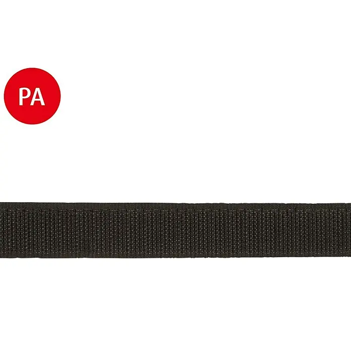Stabilit Hakenband Meterware - Breite: 20 mm, Schwarz, Selbstklebend - Nahaufnahme eines schwarzen Textilbandes, das für verschiedene Anwendungen geeignet ist. Robust und langlebig.