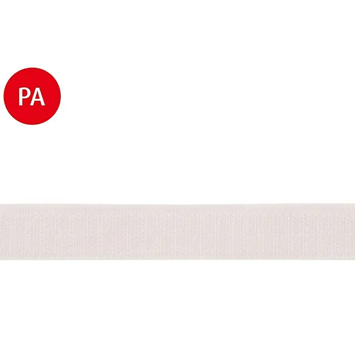 Stabilit Hakenband Meterware - Breite: 20 mm, Weiß, Selbstklebend - Nahaufnahme eines breiten, weißen Bandes mit feiner, vertikaler Textur, ideal zum Verpacken und Dekorieren.