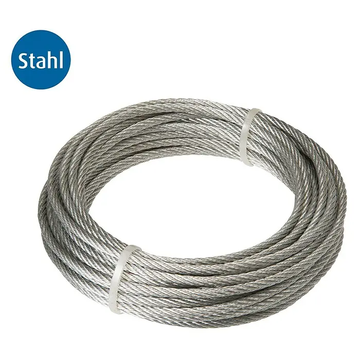 Stabilit Drahtseil - Ø x L: 3 mm x 1.000 cm, Belastbarkeit: 90 kg, Stahl - Aufgerolltes Stahlseil, zusammengehalten durch Kabelbinder. Das Drahtseil ist silbern und glänzend, und im Hintergrund ist das Wort "Stahl" abgebildet.