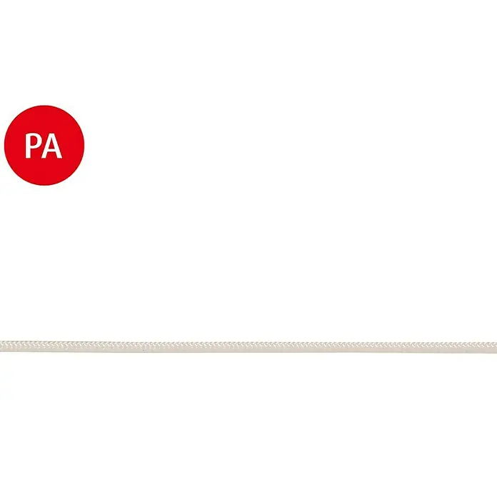 Stabilit Cuerda por metros - Diámetro: 3 mm, Plástico, Blanco, Carga soportada: 28 kg - Primer plano de una cuerda trenzada de color natural, destacando su textura robusta y sus aplicaciones versátiles.