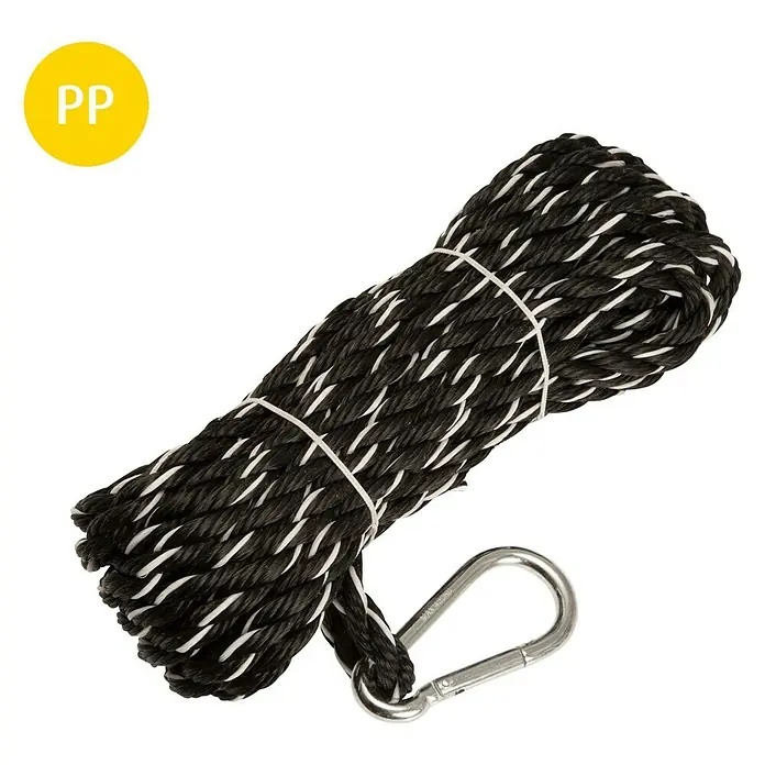 Stabilit PP-Seil - Ø x L: 14 mm x 10 m, Feuerwehr-Karabinerhaken, Schwarz/Weiß - Schwarzes PP-Seil mit weißem Muster und einem Karabinerhaken für vielfältige Anwendungen.