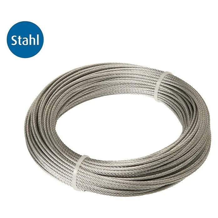 Stabilit Drahtseil - Ø x L: 2 mm x 3.000 cm, Belastbarkeit: 40 kg, Stahl - Aufnahme eines aufgerollten Stahlseils, das mit Kabelbindern gesichert ist. „Stahl“-Text im oberen Eckbereich.