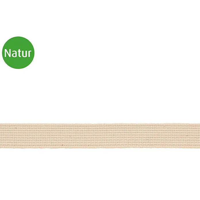 Stabilit Gurtband Meterware - Belastbarkeit: 50 kg, Breite: 20 mm, Baumwolle, Natur - Nahaufnahme eines natürlichen, ungebleichten Baumwollgurtes, der für nachhaltige Projekte geeignet ist.