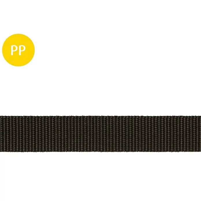 Stabilit Cinta de lona a metros - Ancho: 25 mm, Negro, Polipropileno - Detalle de una cinta de polipropileno de color oscuro, ideal para aplicaciones resistentes y proyectos versátiles.