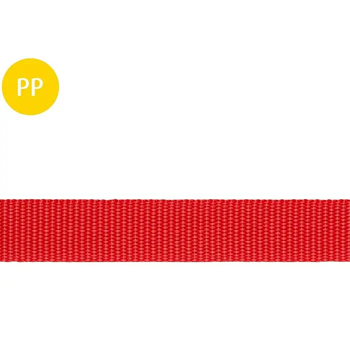 Stabilit Cinta de lona a metros - Ancho: 40 mm, Rojo, Polipropileno - Primer plano de una cinta de PP roja con un tejido fino, ideal para aplicaciones robustas como correas de perros y cintas de bolsos.