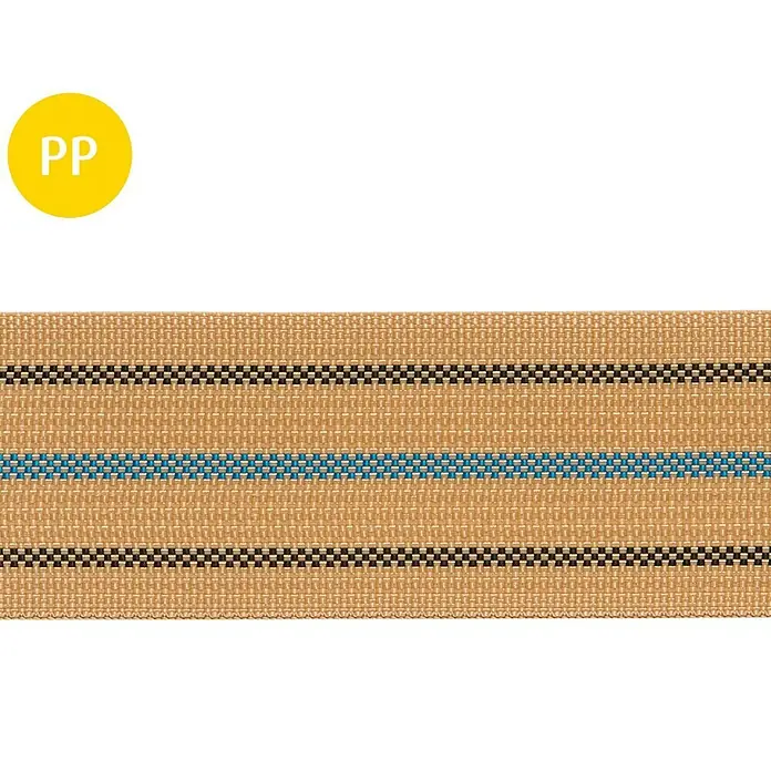 Stabilit Cinta de lona - Plástico, Color cáñamo - Vista detallada de cinta de PP con un patrón de rayas en marrón, azul y negro. Un producto duradero y versátil para diversas aplicaciones.