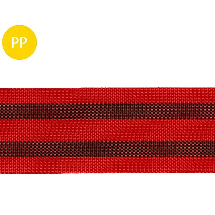 Stabilit Schlittengurt - Breite: 60 mm, Belastbarkeit: 125 kg - Nahaufnahme von rotem und schwarzem PP-Gurtband mit Streifenmuster, ideal für verschiedene Anwendungen.