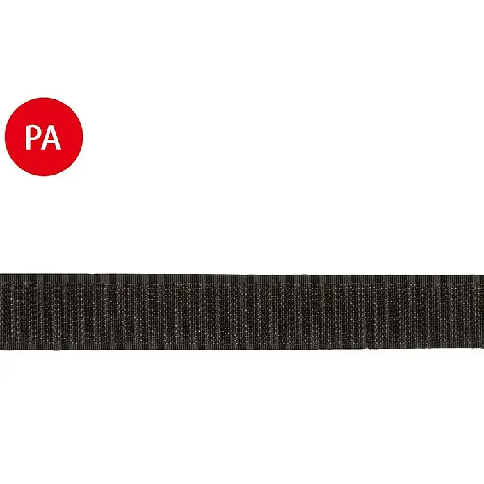 Stabilit Hakenband Meterware - Breite: 20 mm, Schwarz, Zum Einnähen - Ein detailliertes Bild eines schwarzen, gewebten Textilbandes, das eine robuste und dichte Struktur aufweist. Ideal für verschiedene Anwendungen.