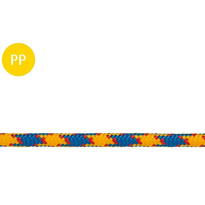 Cabo a metros - Diámetro: 10 mm, Plástico, Amarillo/Azul/Rojo - Primer plano de una cuerda de polipropileno (PP) colorida en amarillo, azul y rojo, ideal para diversas aplicaciones.