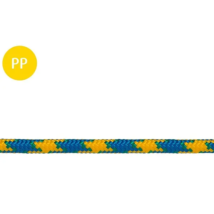 Cabo a metros - Diámetro: 8 mm, Plástico, Verde/Azul/Amarillo - Una cuerda trenzada de polipropileno (PP) azul, amarilla y verde sobre un fondo negro, ideal para diversas aplicaciones.