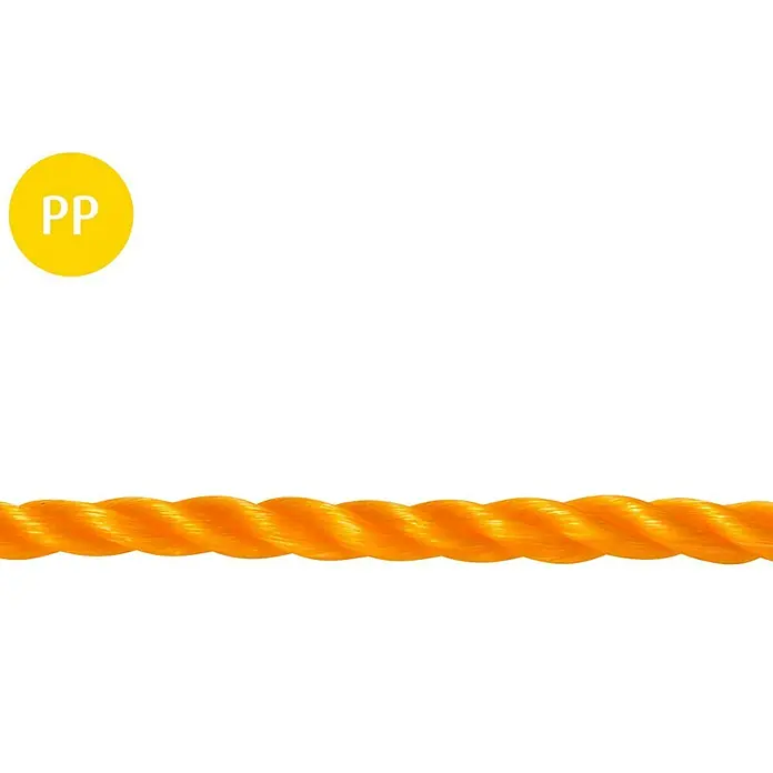 PP-Seil MeterwareDurchmesser: 6 mm, Polypropylen, Orange, 3-schäftig gedreht - Abbildung eines gelben PP-Seils, das für seine Haltbarkeit und Vielseitigkeit bekannt ist. Ideal für verschiedene Anwendungen.
