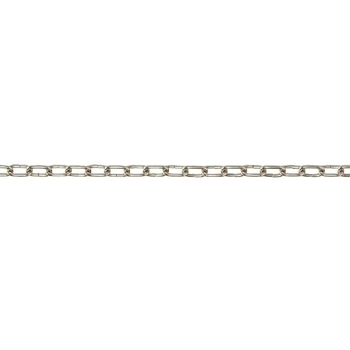 Stabilit Uhrkette Meterware - 1,4 mm, Stahl, Vernickelt - Silberkette mit länglichen Gliedern vor einem schwarzen Hintergrund.