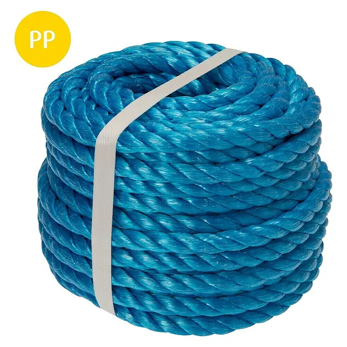 Stabilit Cuerda - 12 mm x 20 m, Plástico, Azul, Carga soportada: 300 kg - Primer plano de una bobina de cuerda de polipropileno azul sujeta con una banda blanca.\n