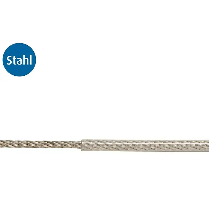 Stabilit Drahtseil Meterware - Durchmesser: 5 mm, Stahl, 6 x 7 FC, PVC - Stahlseil mit freiliegenden Litzen auf der linken Seite und einer transparenten Kunststoffummantelung auf der rechten Seite.