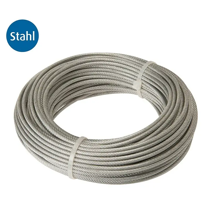 Stabilit Drahtseil - Ø x L: 3 mm x 3.000 cm, Belastbarkeit: 45 kg, Stahl - Stahlseil aufgewickelt, mit Kabelbindern fixiert. Das Seil ist silbern und liegt auf einem schwarzen Hintergrund.
