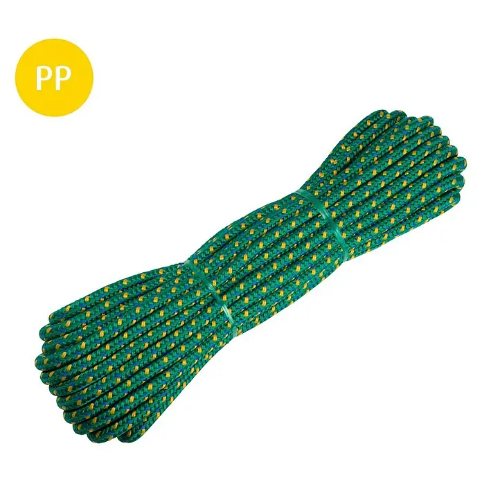 Stabilit PP-Seil - Ø x L: 10 mm x 15 m, Grün/blau/gelb - Ein Bündel grüner PP-Seile, mit gelben und blauen Akzenten und durchsichtigen Bindebändern befestigt, auf schwarzem Hintergrund.