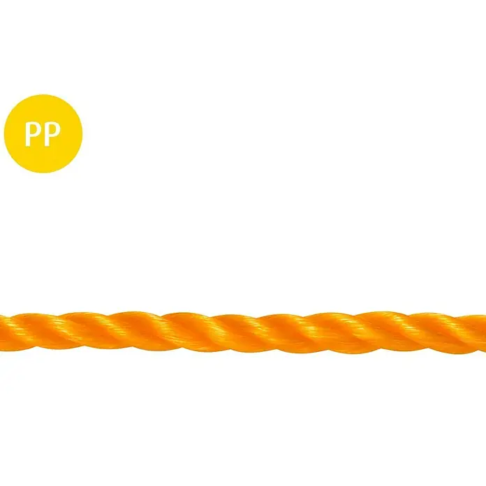 Stabilit PP-Seil Meterware - Durchmesser: 10 mm, Polypropylen, Orange, 3-schäftig gedreht - Nahaufnahme eines orangefarbenen PP-Seils. Das robuste, geflochtene Seil ist ideal für verschiedene Anwendungen und zeichnet sich durch seine hohe Reißfestigkeit aus.