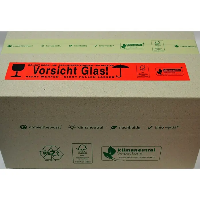 PackMann linio verda® Packband - Vorsicht Glas, L x B: 50 m x 50 mm - Karton mit Warnhinweisen und Nachhaltigkeitslabels.