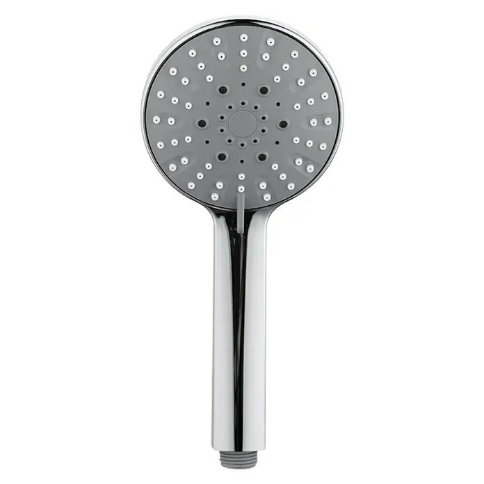Mixomat Brausegarnitur Spitter - Anzahl Strahlarten: 3 Stk., Chrom - Nahaufnahme eines verchromten Duschkopfs mit mehreren Düsen und einem runden Kopf für ein modernes Badezimmerdesign.