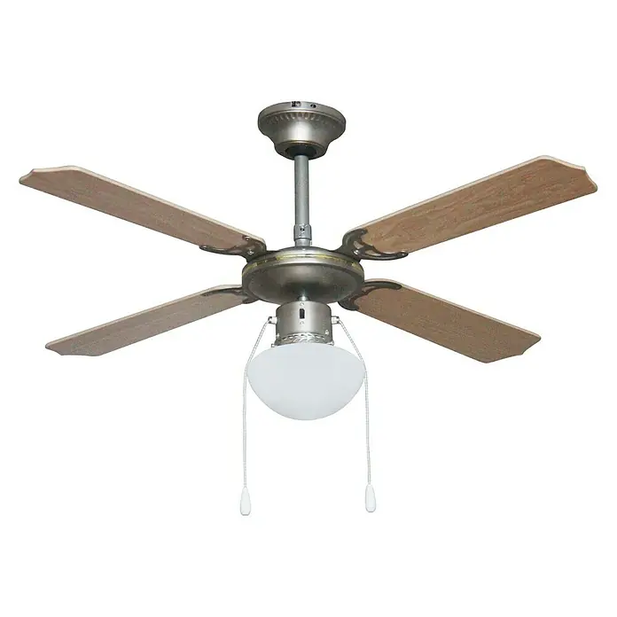 Arte confort Ventilador de techo Hawai - Haya, 107 cm, 55 W - Vista detallada de un ventilador de techo con aspas de madera y una lámpara colgando de dos cuerdas.