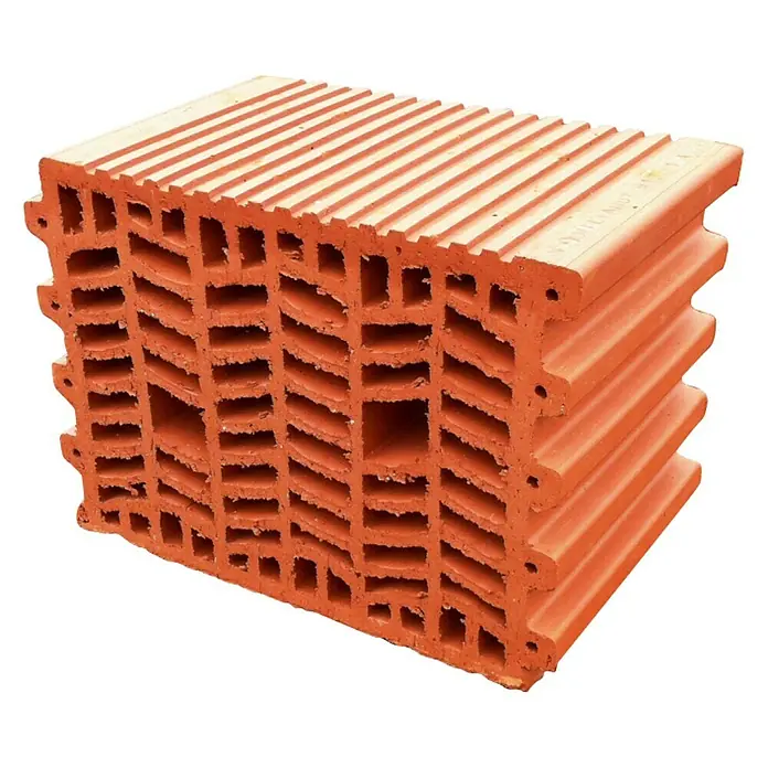 BHS Valencia Ladrillo Termoarcilla - 24 x 30 cm, Rojo - Primer plano de un ladrillo Poroton con ranuras horizontales y estructura de panal, optimizado para el aislamiento térmico en la construcción.