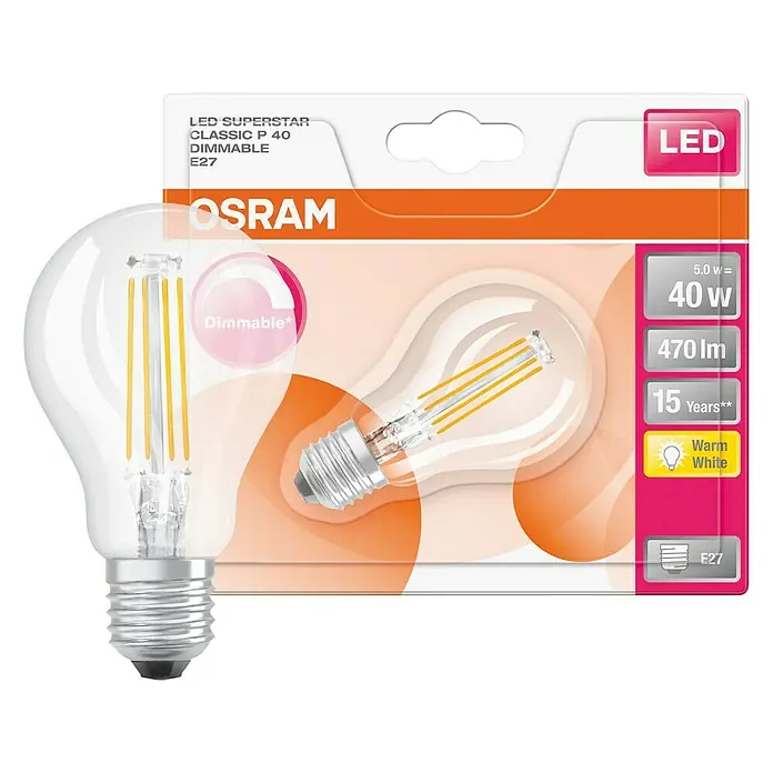 Osram Superstar LED-Lampe - E27, Dimmbar, Warmweiß, 470 lm, 5 W - Eine OSRAM LED Superstar Classic P 40 Dimmable E27 Glühbirne, die ein warmweißes Licht abgibt und mit Energieeffizienz überzeugt.