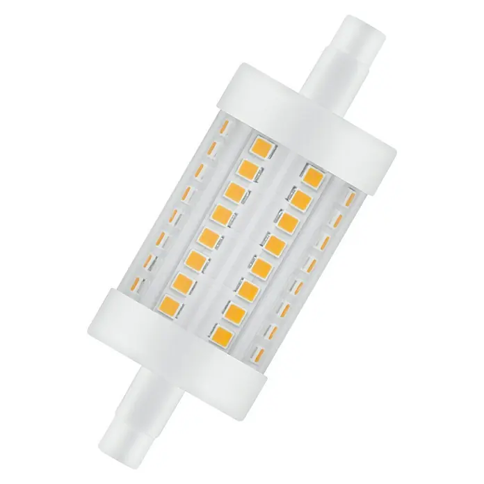 Osram Star Bombilla LED - R7s, No regulable, Blanco cálido, 806 lm, 7 W - Primer plano de una bombilla LED con carcasa transparente y diodos emisores de luz amarillos para uso en interiores.