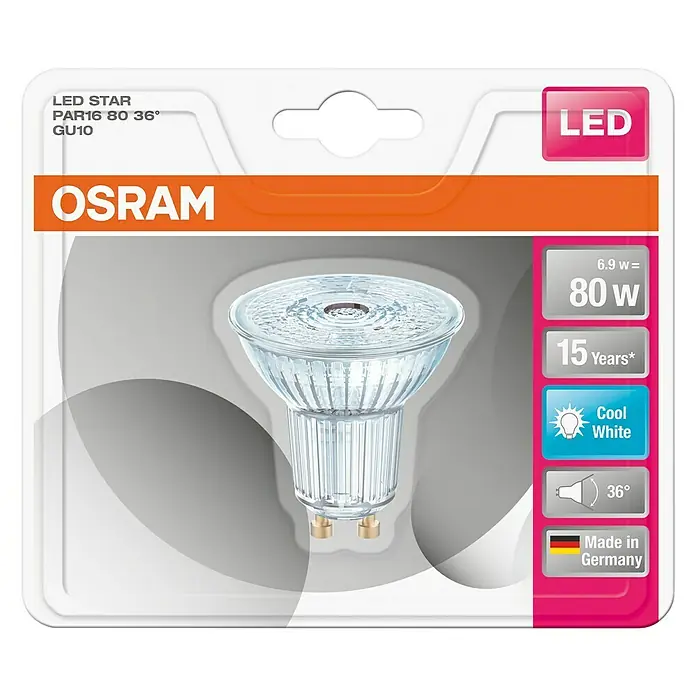 Osram Star Bombilla LED - GU10, No regulable, Blanco frío, 575 lm, 6,9 W - Embalaje de una bombilla LED Osram LED STAR PAR16 80 36° GU10, que promete una iluminación eficiente y una larga vida útil.