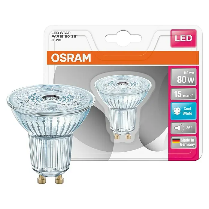 Osram Star Bombilla LED - GU10, No regulable, Blanco frío, 575 lm, 6,9 W - Imagen de una bombilla Osram LED STAR PAR16 80 36° GU10, que ofrece una solución de iluminación eficiente energéticamente y duradera.