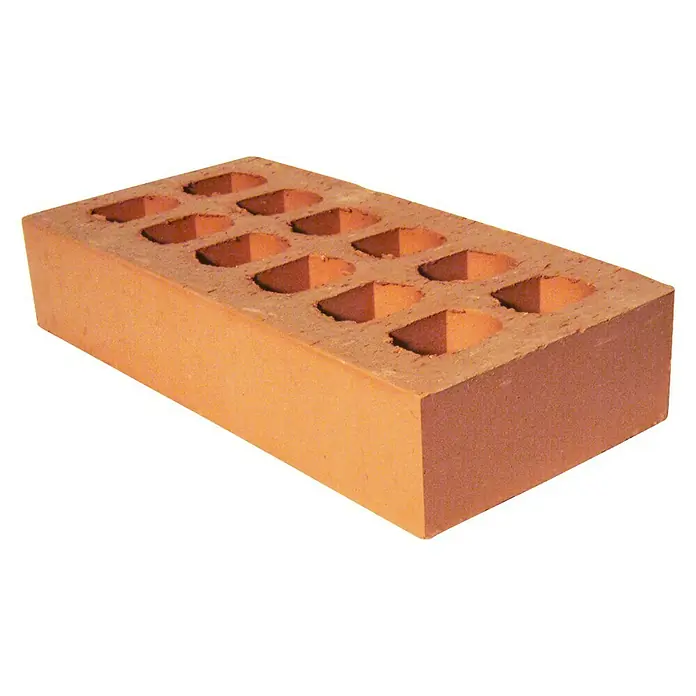 BHS Valencia Ladrillo caravista - 12 x 24 cm, Salmón - Ladrillo con agujeros. El ladrillo es de color marrón anaranjado y tiene 12 agujeros en la superficie superior, dispuestos en un patrón rectangular.
