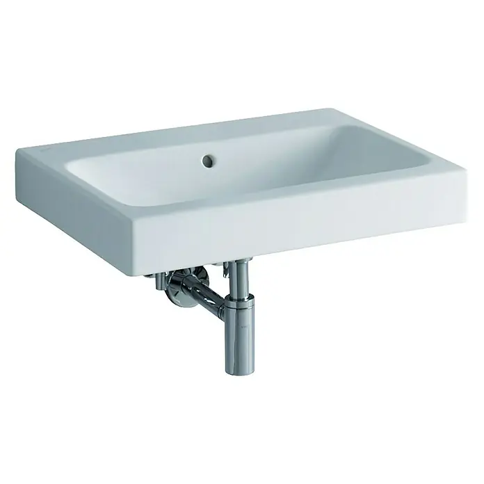 Geberit iCon Waschtisch - 60 x 48,5 cm, Mit schmutzabweisender Glasur, Hahnloch: Ohne, Mit Überlauf, Weiß - Ein elegantes Waschbecken in Weiß mit glänzenden Chromarmaturen. Das Waschbecken ist modern und stilvoll.
