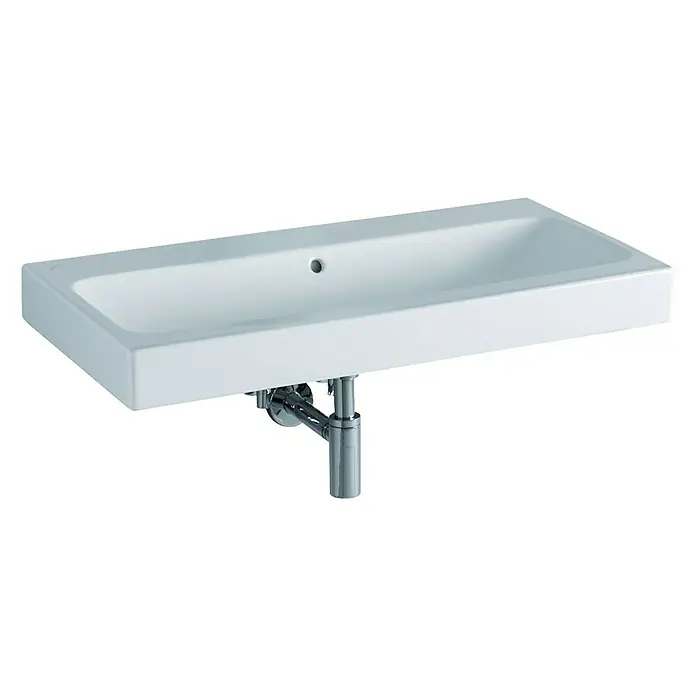 Geberit iCon Waschtisch - 90 x 48,5 cm, Mit schmutzabweisender Glasur, Hahnloch: Ohne, Mit Überlauf, Weiß - Wandmontiertes Waschbecken aus weißer Keramik mit verchromtem Siphon. Ideal für moderne Badezimmer und Gästetoiletten.