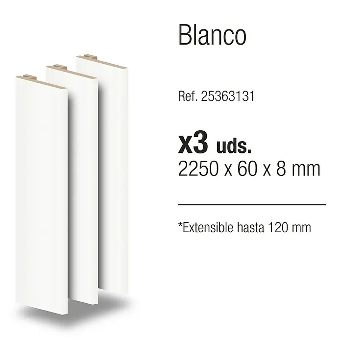 Recrecido extensible de 60 a 120 mm - 60 x 8 mm, Blanco - Imagen del producto de tres listones blancos ajustables (x3 uds.), dimensiones 2250 x 60 x 8 mm. Extensible hasta 120 mm.