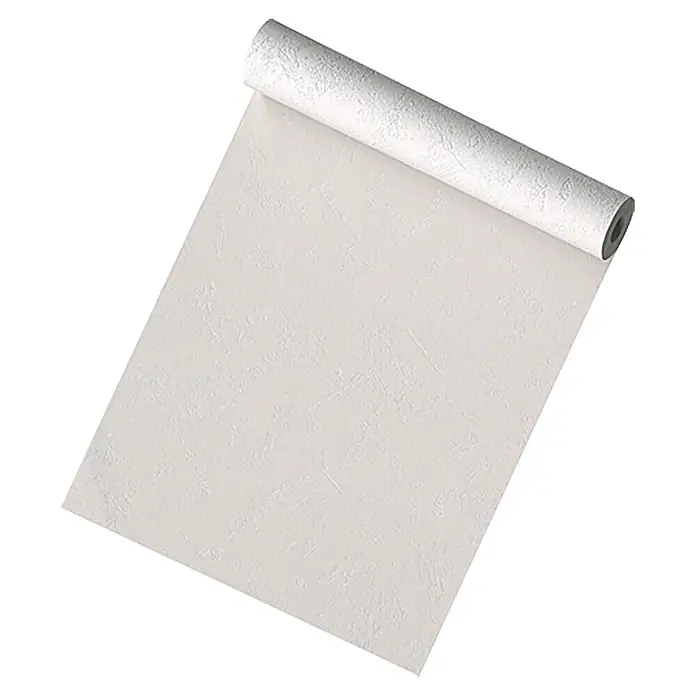 A.S. Création Vliestapete Putzstruktur - Weiß, Uni, 10,05 x 0,53 m - Ein Bild einer Tapetenrolle in Weiß, die sich teilweise abgerollt hat und eine strukturierte Oberfläche zeigt. Ideal für die Wandgestaltung.