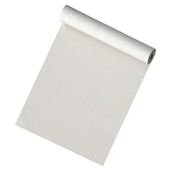 A.S. Création Vliestapete Putzstruktur - Weiß, Uni, 10,05 x 0,53 m - Ein Bild einer Tapetenrolle in Weiß, die sich teilweise abgerollt hat und eine strukturierte Oberfläche zeigt. Ideal für die Wandgestaltung.