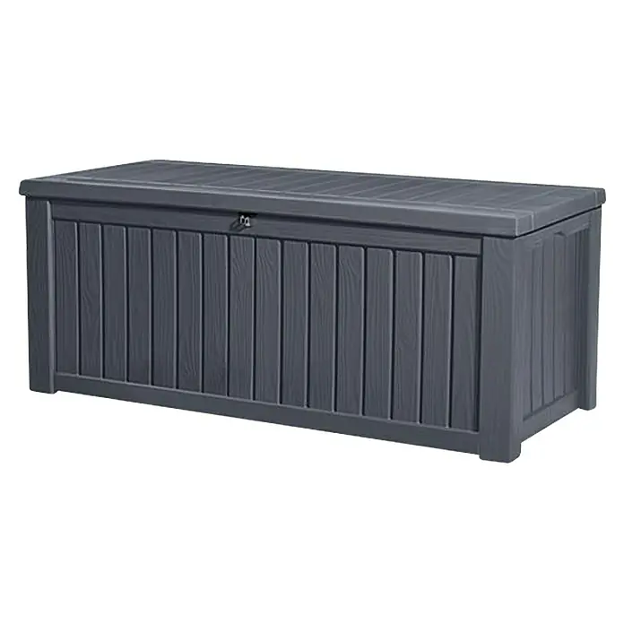Keter Gartenbox Rockwood - 570 l, Kunststoff - Graue Outdoor-Aufbewahrungsbox mit Holzstruktur für Gartenmöbel und Geräte. Praktische und wetterfeste Lösung.