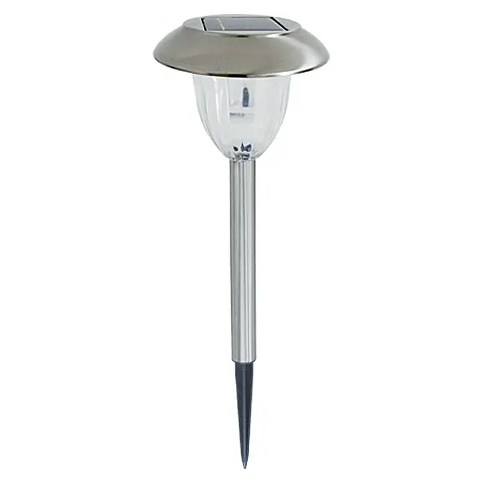 Starlux Estaca solar Fiore - Plateado, Negro, 3 lm - Imagen de una luz solar de jardín plateada con una pantalla transparente y una estaca de tierra puntiaguda.