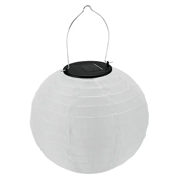 BAUHAUS Solar-Hängeleuchte Lampion - 0,06 W, Weiß, IP44, Durchmesser: 20 cm - Nahaufnahme einer runden, weißen Papierlaterne mit Solarpanel und Metallaufhänger.