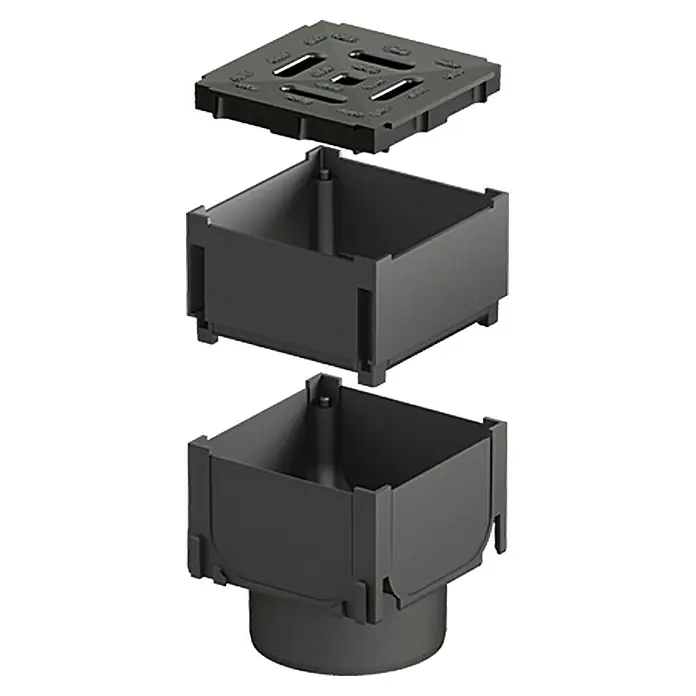 ACO Hexaline Eckstück mit Verlängerung Schlitzaufsatz 2.0 - 12,5 x 12,5 x 13,8 cm - Produktdarstellung eines Bodenablaufs mit quadratischer Abdeckung und zwei quadratischen Hauptelementen in auseinandergezogener Darstellung.