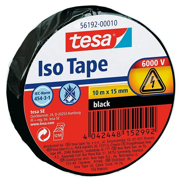 Tesa Isolierband Iso Tape - Schwarz, 10 m x 15 mm - Abbildung einer Rolle schwarzes Tesa Iso Tape, ein Isolierband mit 10 m x 15 mm, ideal für elektrische Anwendungen bis 6000 V.