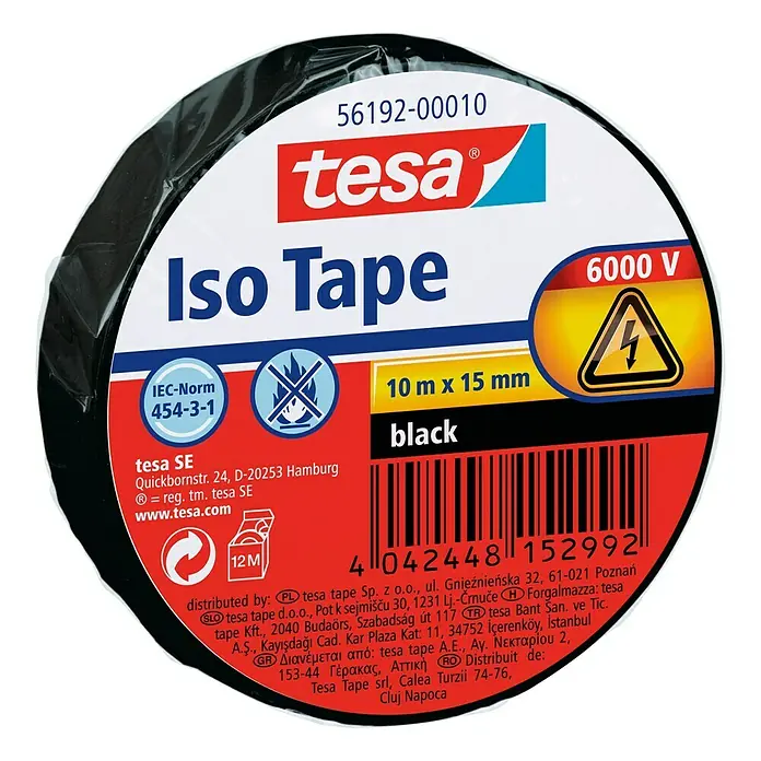 Tesa Isolierband Iso TapeSchwarz, 10 m x 15 mm - Abbildung einer Rolle schwarzes Tesa Iso Tape, ein Isolierband mit 10 m x 15 mm, ideal für elektrische Anwendungen bis 6000 V.